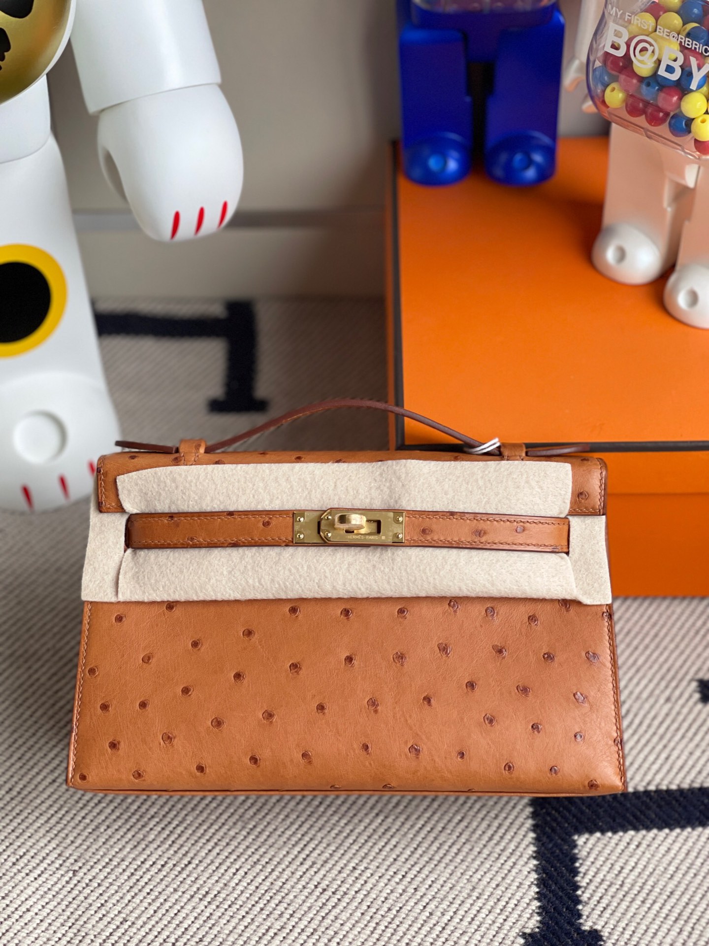 에르메스 미니 켈리백22 골드브라운 금장 타조가죽